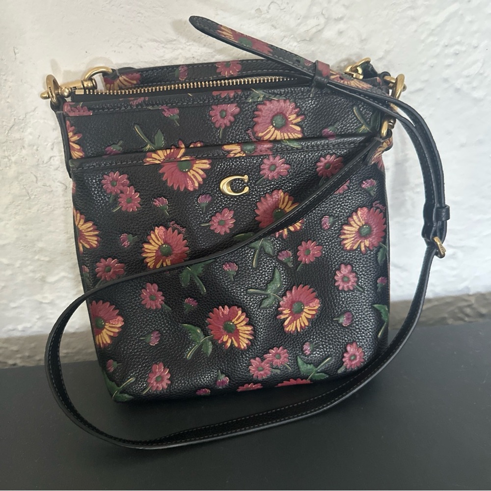 Coach Kitt Crossbody Black Floral Pebbled Leather with Pink and Yellow Blooms